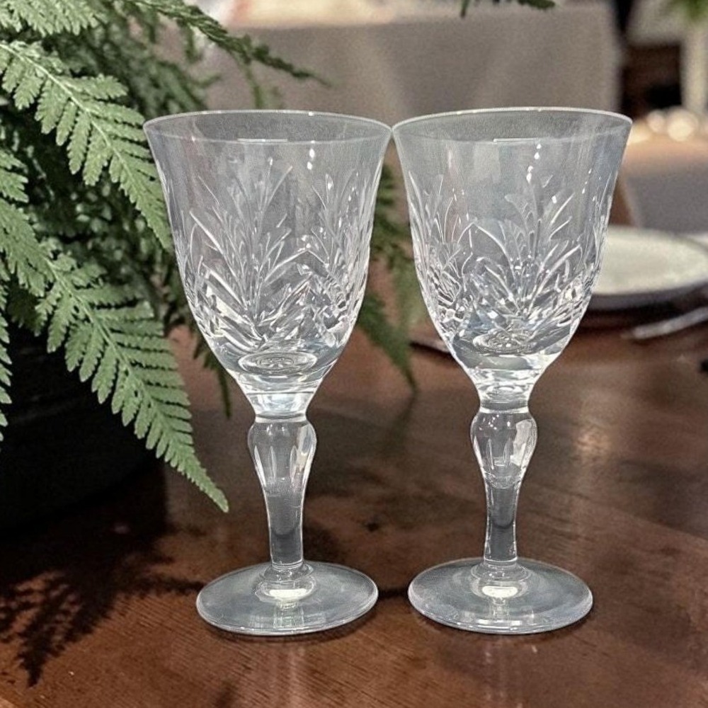 Stuart England Crystal Claret Wine Glasses, Set of 2, Cut Fern Pattern Stemware